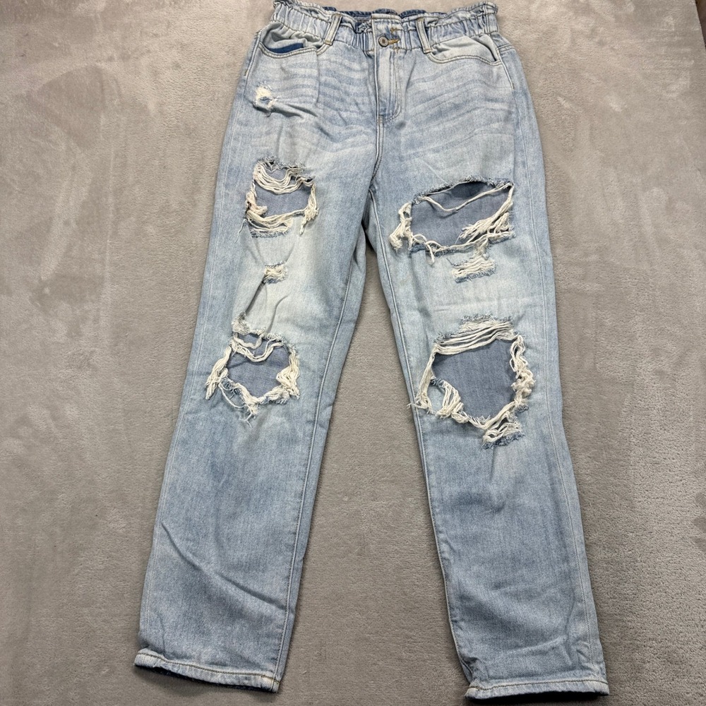 KanCan Jean Women 7/27 Darel Ultra High Rise Paperbag Mom Distressed Light Denim